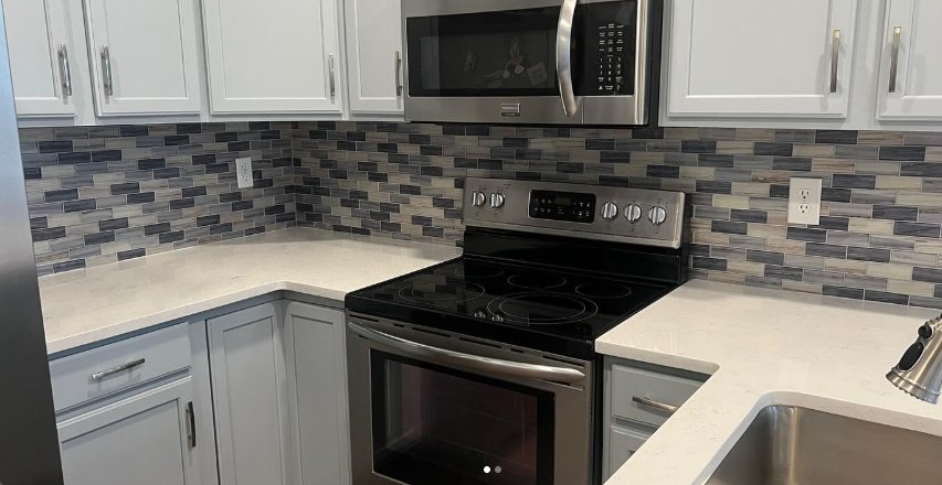 After: glass mosaic tile backsplash